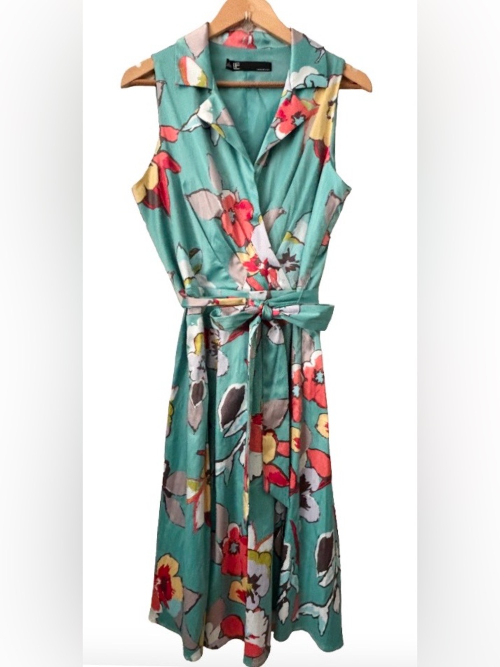 Leslie Fay VTG teal flrl faux wrp slvlss collared drss WM 12 garden party
